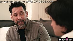 Stepson and stepdad thrill blindfolded stepmom after massage