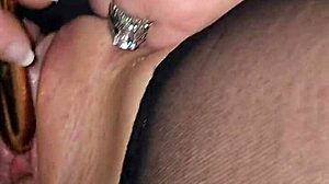 Cheating Wife Fucked Deep by Massive Cock Dildo in Stockings Shaved Pussy