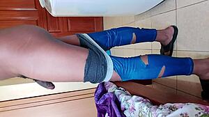 Asian beauty strips clothes slowly for solo tease