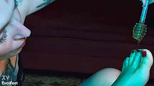 honey drips over sexy feet as brunette goddess licks toes with redhead in lingerie pov