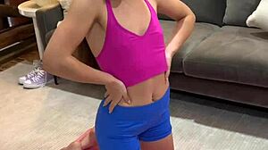 Juniper Ren bent over yoga stretched then fucked doggystyle by stepdad's friend!