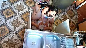 unfaithful wife spreads legs wide for plumber's rough cock in kitchen