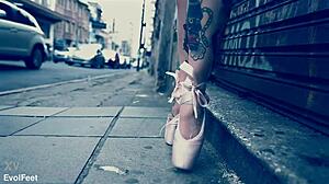 Ballerina In Ballet Shoes Walks Street Then Deepthroats Outdoor