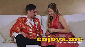 Busty blonde shaves pussy smooth for deepthroat blowjob and titty fuck on huge cock