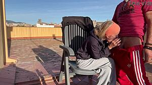 Wanna see me deepthroat neighbor's cock and swallow every drop on the terrace?