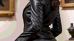 brunette student upskirts in leather skirt for public outdoor sex lesson