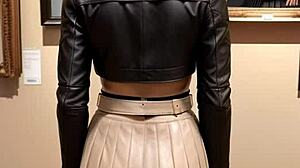 brunette student upskirts in leather skirt for public outdoor sex lesson