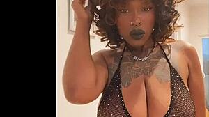 ebony babe slowly teases her big tits in sexy lingerie