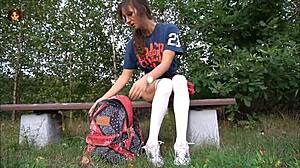 Naughty Polish college teen sucks cock then rides to outdoor cumshot