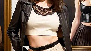 brunette student upskirts in leather skirt for public outdoor sex lesson