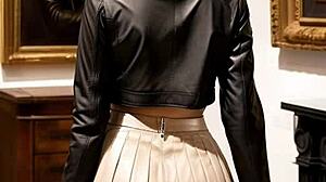 brunette student upskirts in leather skirt for public outdoor sex lesson