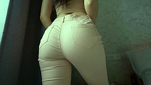 brunette fuck doll's huge ass and pussy lips tease in tight jeans then bare