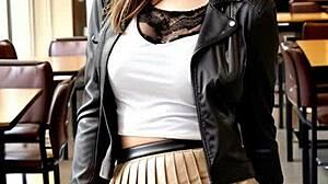 brunette student upskirts in leather skirt for public outdoor sex lesson