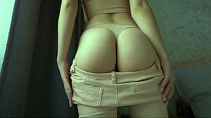 brunette fuck doll's huge ass and pussy lips tease in tight jeans then bare