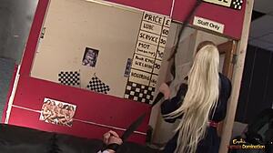 Blonde milf's big tits bounce as she rides bound guy's cock hard