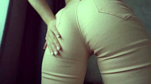 brunette fuck doll's huge ass and pussy lips tease in tight jeans then bare