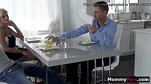 Blonde stepmom sucks stepson next to busy stepdad