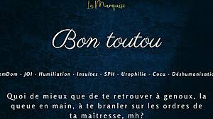 French femdom mistress humiliates old cuckold with joi jerk commands