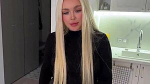 Amateur russian couple tempts sexy blonde in stockings into their private playful session