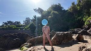 Curvy beach nudist flashes hairy beaver up close?