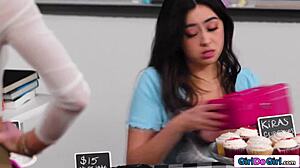 stepmom sneaks under table to lick stepdaughter's pussy wet