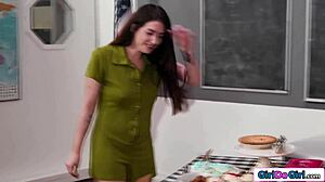 stepmom sneaks under table to lick stepdaughter's pussy wet