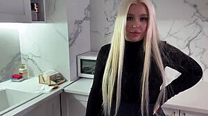 Amateur russian couple tempts sexy blonde in stockings into their private playful session