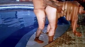 stepsister's chubby busty latina milf body bounces wildly as stepbro fucks her slutty pussy outdoors by public pool at night