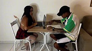 friend stuffs cock in my girlfriend while she studies at his place