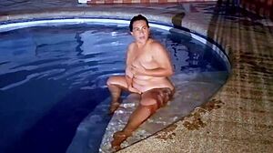 stepsister's chubby busty latina milf body bounces wildly as stepbro fucks her slutty pussy outdoors by public pool at night