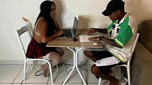 friend stuffs cock in my girlfriend while she studies at his place