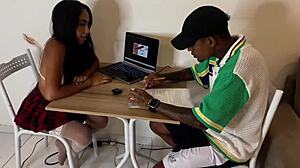 friend stuffs cock in my girlfriend while she studies at his place