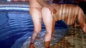 stepsister's chubby busty latina milf body bounces wildly as stepbro fucks her slutty pussy outdoors by public pool at night