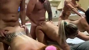 three sultry milfs bent over in steamy doggystyle orgy