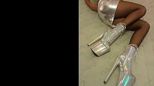 i'm lovin these total silver fishnets on sexy petite latina milf in heels pantyhose