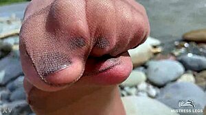 Goddess Teases Cute Tan Nylon Soles Riverside!