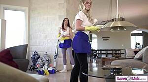 Busty cleaners dive into shaved pussies on clients bed lesbian lickfest