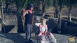 naughty blonde's tight asshole stretched outdoors for smoking