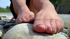 Goddess Teases Cute Tan Nylon Soles Riverside!