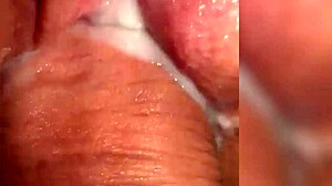 close-up on juicy cum-filled pussy getting fucked hard