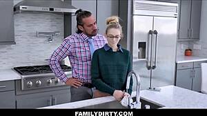 Skinny blonde teen fucks jealous stepdad's big dick on kitchen counter!