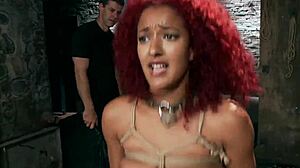 Bound ginger ebony trainee choked gagged whipped during brutal interracial gangbang submission