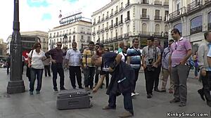 Petite Spanish slut gets bound fucked humiliated outdoors in public BDSM show 😈🔥