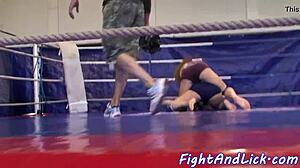 Lesbians WRESTLE then DILDO FUCK in ring catfight