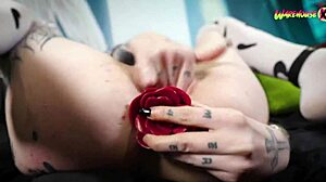 18 year old skinny tattooed german emo teen fists her tight wet pussy for first time at college party.