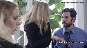 bound housewife chokes on extreme couple's sybian ride