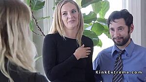 bound housewife chokes on extreme couple's sybian ride