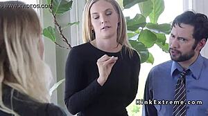 bound housewife chokes on extreme couple's sybian ride