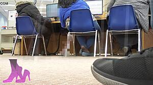 whoops, caught my wife shoeplaying in library with nylon socks and flats