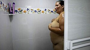 chubby big tits latina squirts hard in shower!